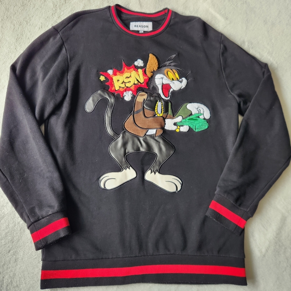 Reason Mens Crewneck‎ Cat Black Red Money  Sz LARGE